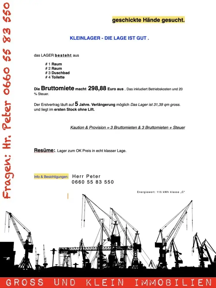 geschickte Hände gesucht.
Klein - Atelier - Büro - lager - die Lage ist gut .