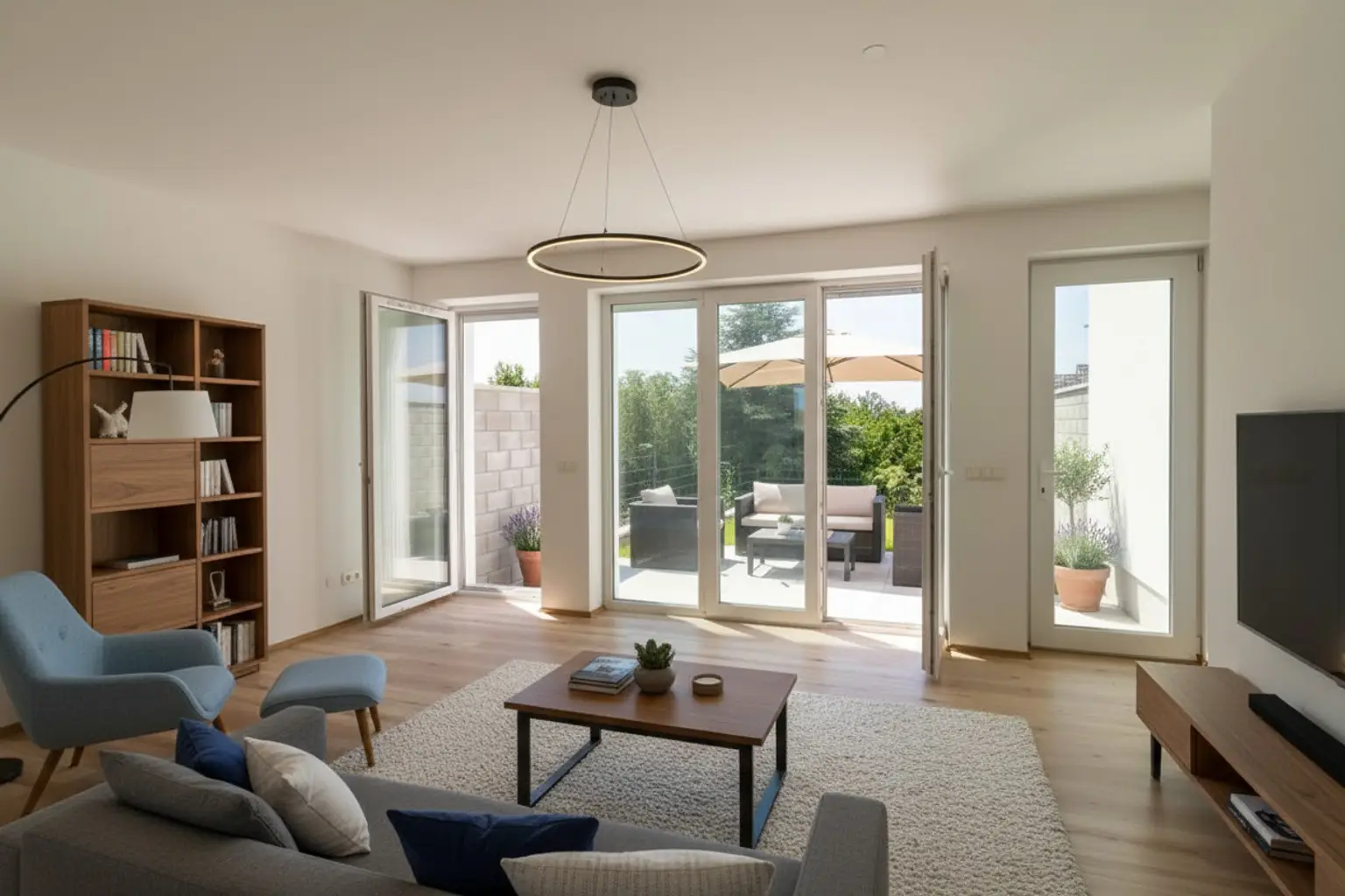 Wohnzimmer und Garten: KI generiert