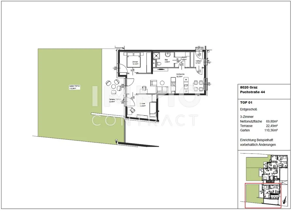 Neuwertige, geförderte  3 Zimmer GARTENWOHNUNG in Innenhoflage - Puchstraße 44 - Top 001