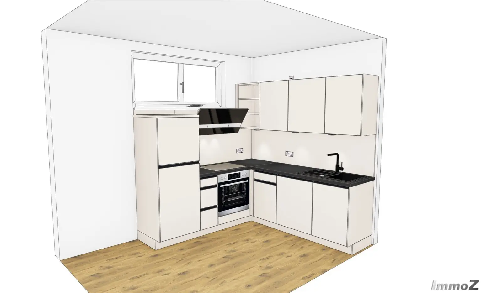 Tischlerküche - 3D-Rendering - 2-Zimmer-Whg