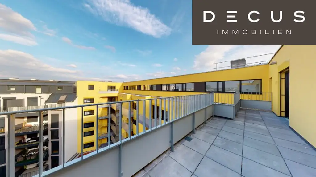 + RICHTUNG WESTEN + ZWEI ZIMMER + 19 QM GROSSE TERRASSE + 6. STOCK + NIEDRIGENERGIEHAUS + NAHE THERESA-TAUSCHER-PARK