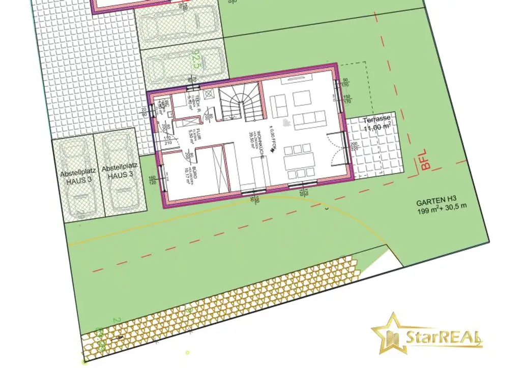 Lageplan Haus 3 mit Garten und Stellplätzen