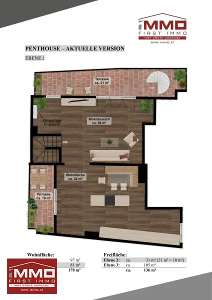 PENTHOUSE IM ZENTRUM VON KORNEUBURG MIT EINZIGARTIGER DACHTERRASSE UND 2 KFZ-STELLPLÄTZEN