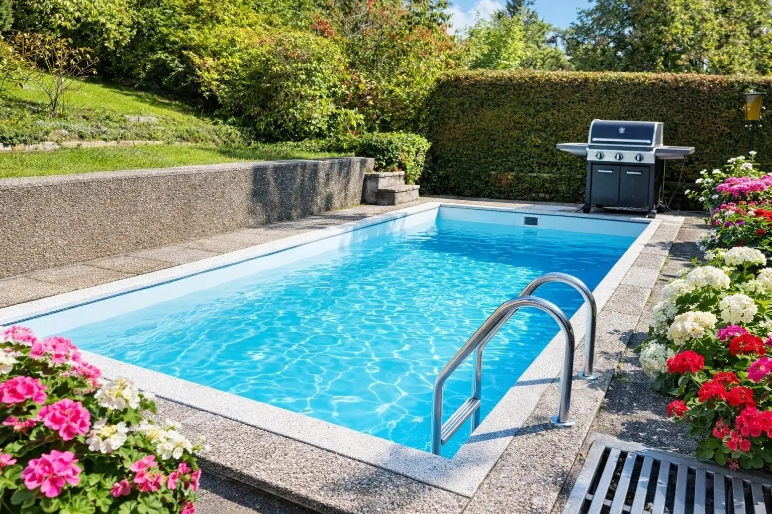 Hochwertiger Pool mit Grill & Blumen-KI bearbeitet