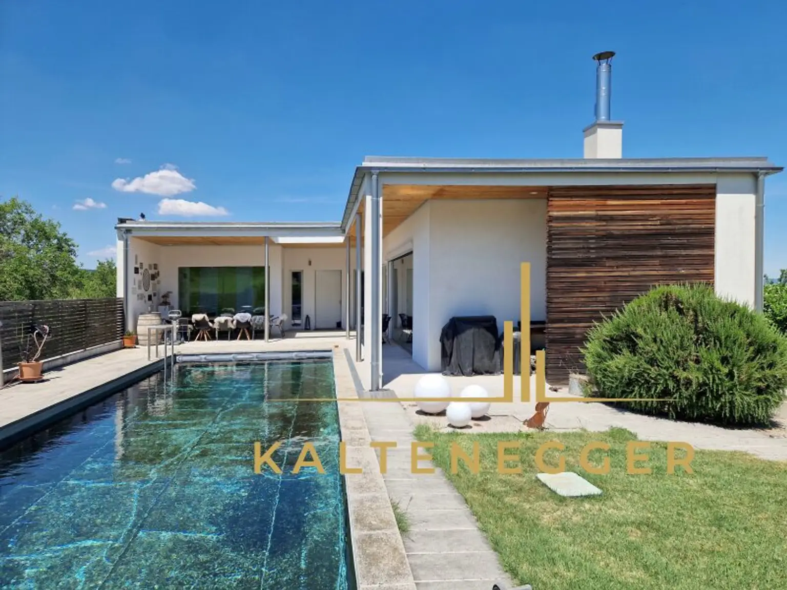 Vorderansicht: Blick auf das Haus und Naturpool