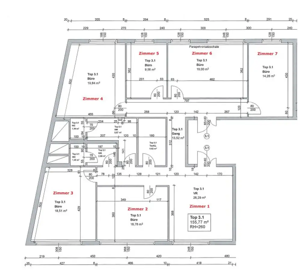 Großzügige Bürofläche mit rund 155 m² und Ausrichtung in den Innenhof! 6 Zimmer + Empfangsbereich direkt bei der Straßenbahn Yppengasse!