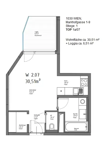 Moderne 1-Zimmer-Wohnung mit Loggia nähe U3 Schlachthausgasse!