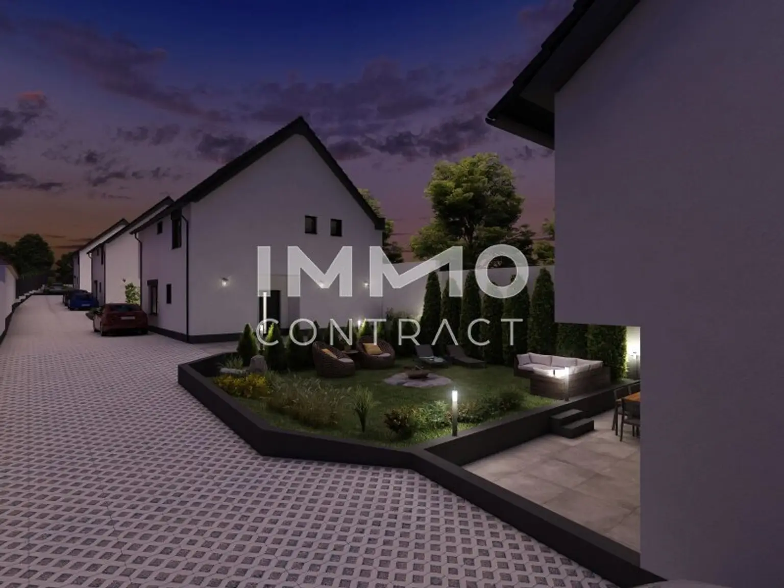 Gartenansicht Haus 1 Dämmerung