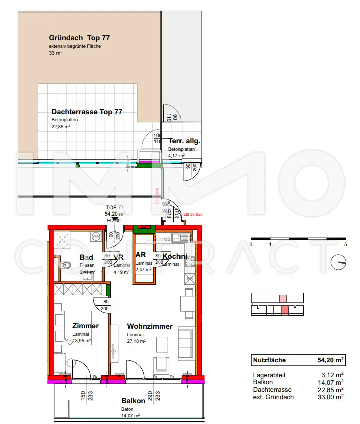 54qm 2ZI Dachgeschoss mit 22,85qm Terrasse, 33qm Gründach, 14,07qm Balkon