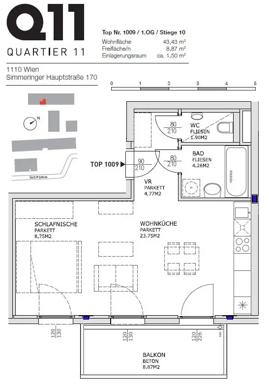 Q11 Leben in Simmering  - 
1-Zimmer-Wohnung mit Balkon und Deckenkühlung!