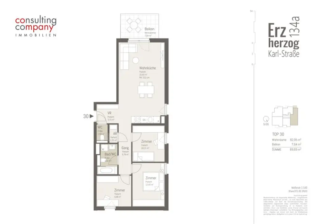 gut aufgeteilte 4-Zimmer Wohnung mit 2 WC's und einem südwest Balkon