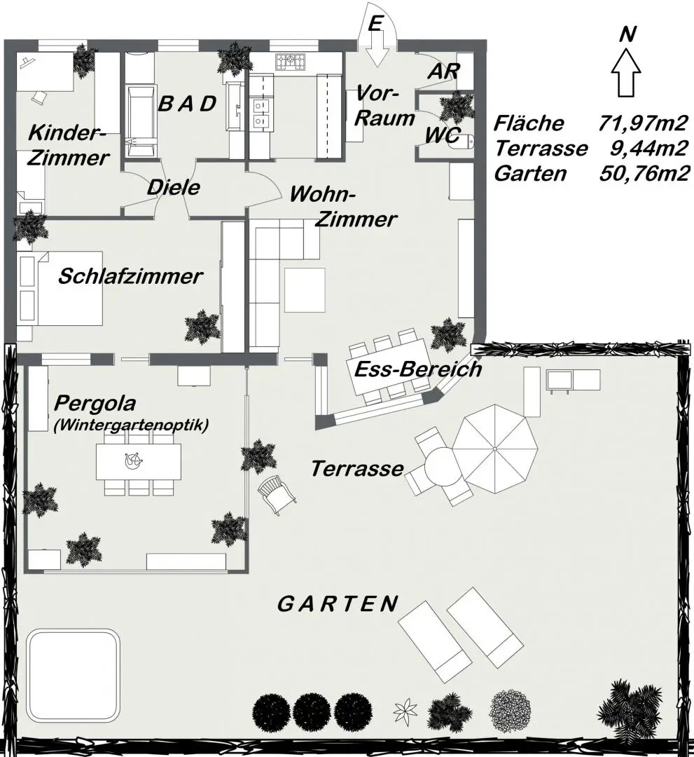 Bester Outdoor- und Wohlfühl Faktor auf der über 50m² großen Garten- und Sonnen Terrasse
