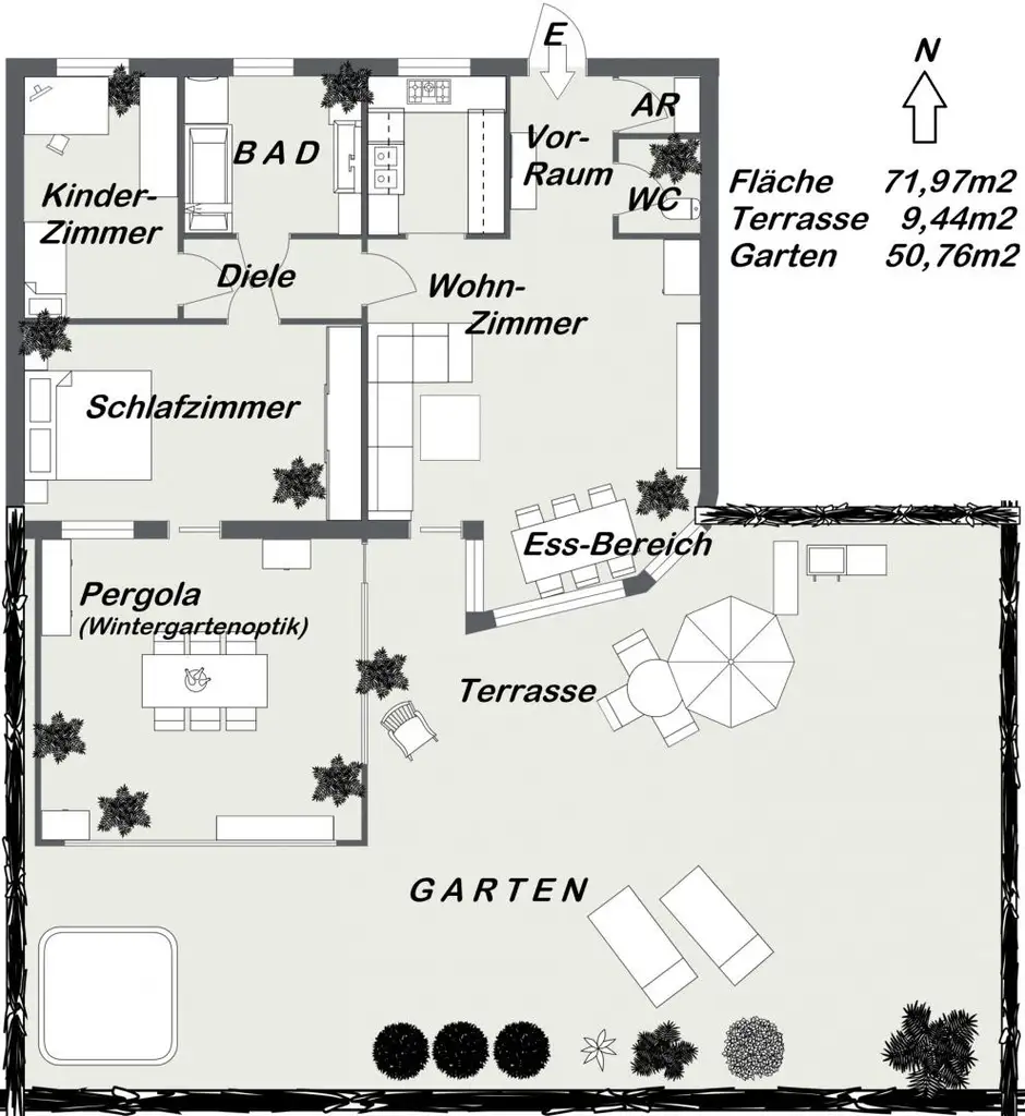 Bester Outdoor- und Wohlfühl Faktor auf der über 50m² großen Garten- und Sonnen Terrasse