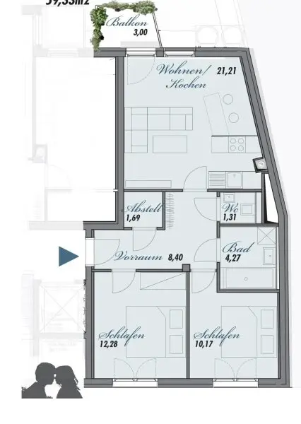 Wohnungsplan ca. 60 m² + Balkon