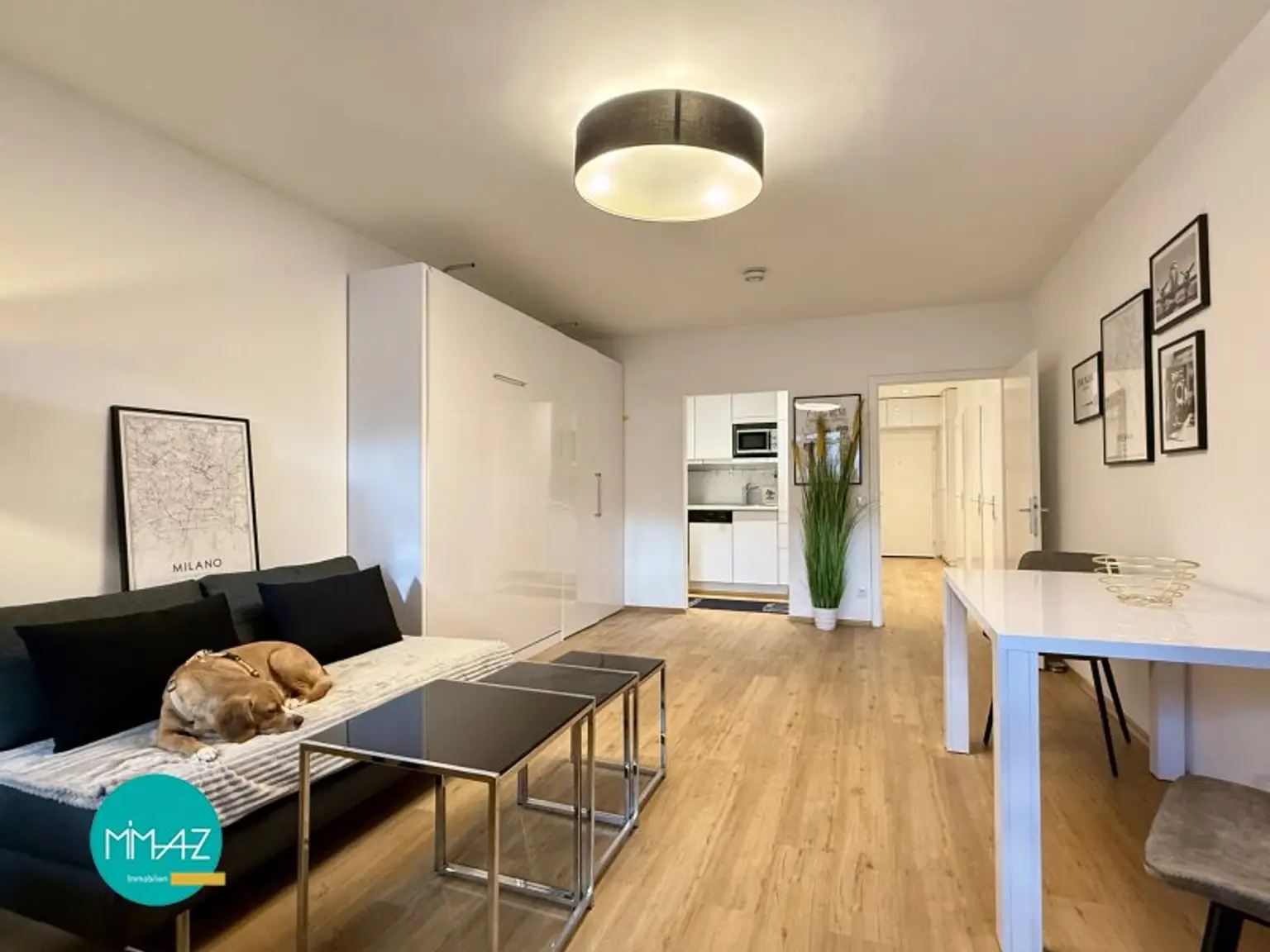 Zimmer mit Blick in Küche und Vorzimmer