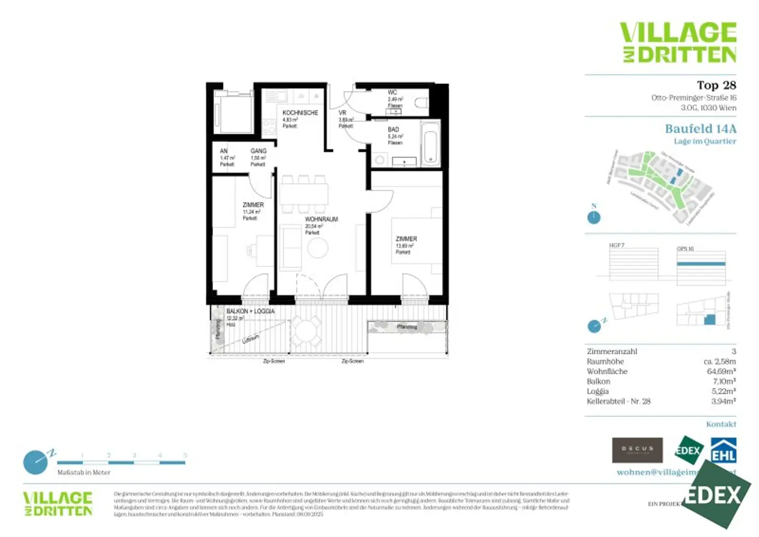 VILLAGE IM DRITTEN | MODERNE 3-ZIMMER WOHNUNG MIT BALKON UND LOGGIA