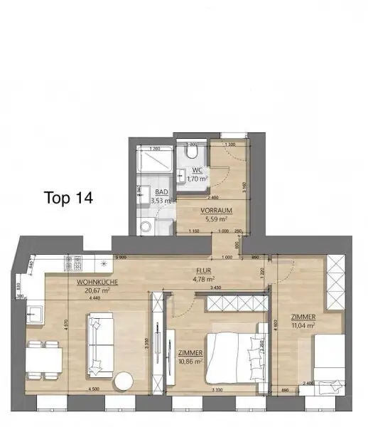 Erstbezug! Toll aufgeteilte, neu sanierte  2 1/2 Zimmer Altbauwohnung (Top 14)