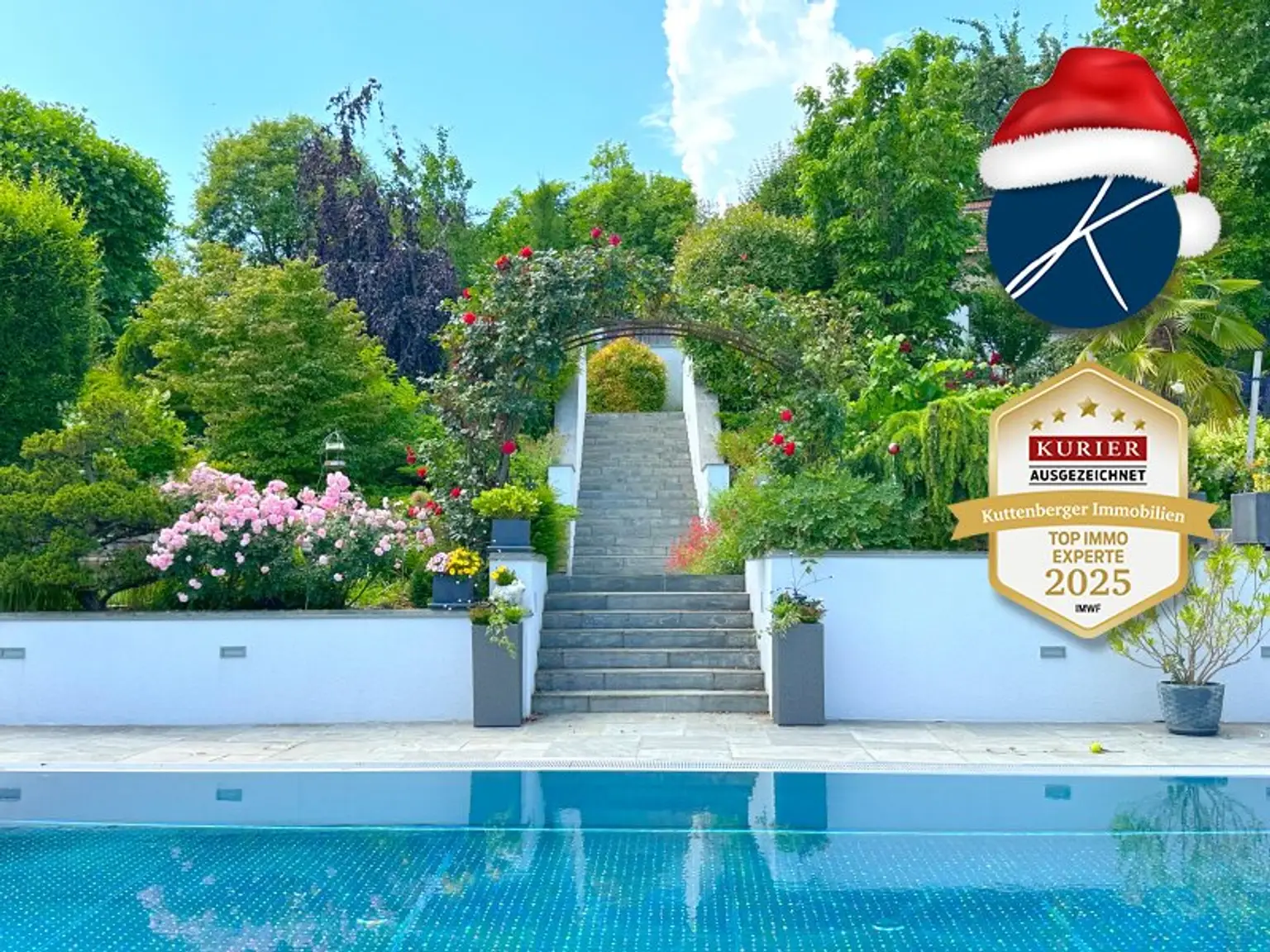 Traumgarten mit Pool, Koi-Teich und Wasserspielen