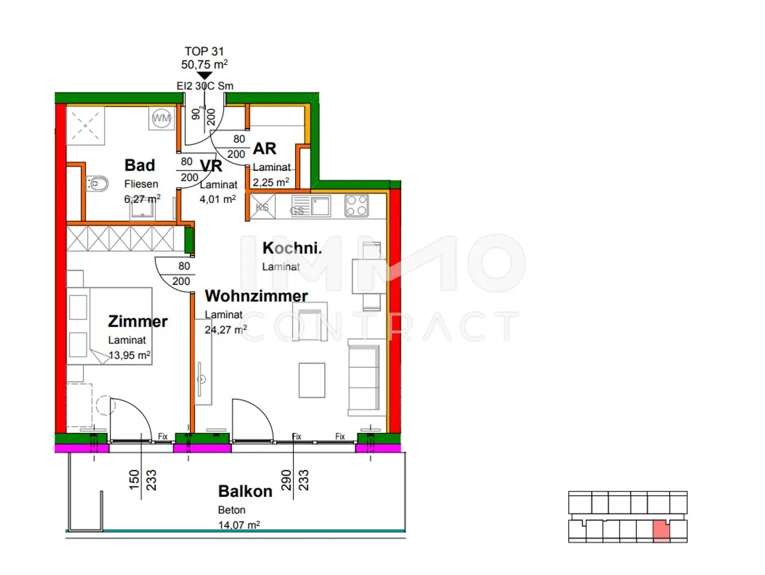 50,50qm geförderte 2ZI- Balkon-Wohnung