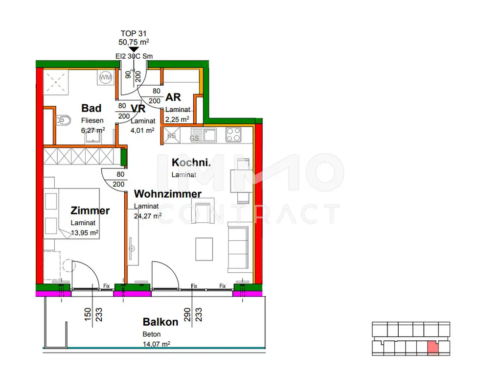 50,50qm geförderte 2ZI- Balkon-Wohnung