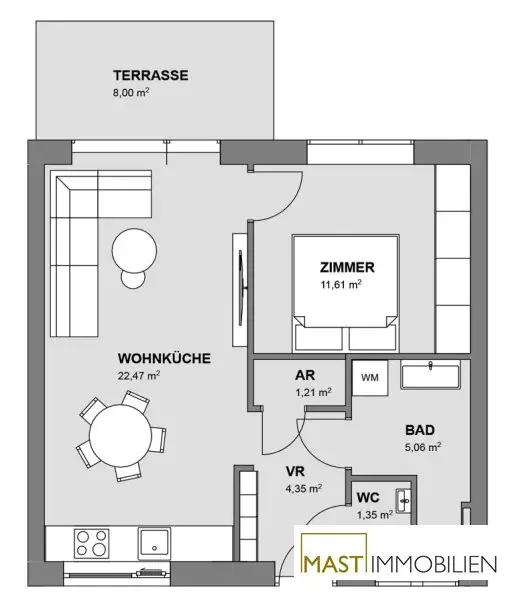 Ab sofort! Lichtdurchflutete 2-Zimmer-Neubauwohnung mit 8m² Terrasse