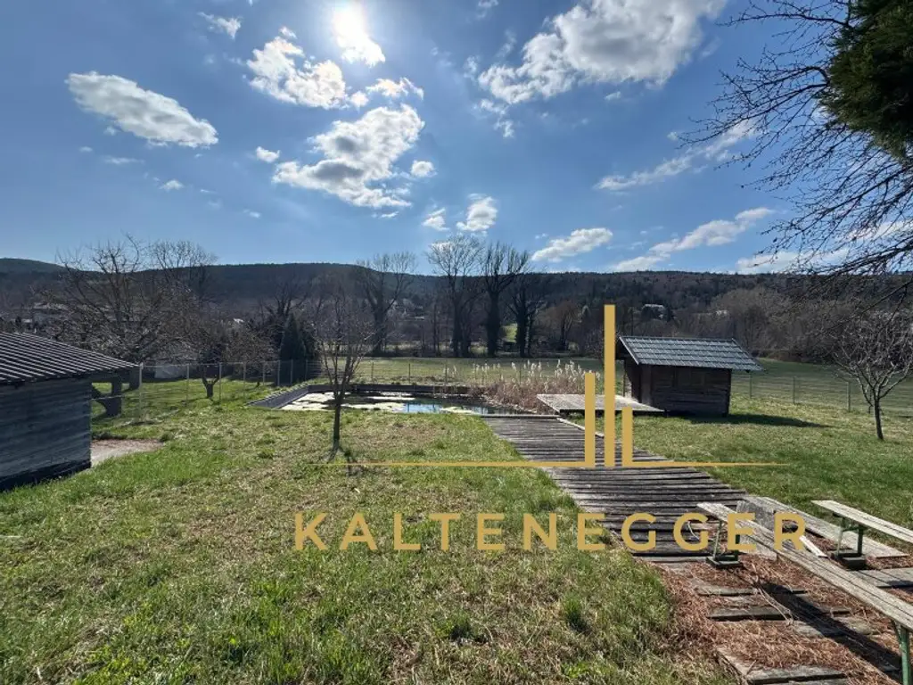 Sonnenbeschienenes Grundstück mit Blick auf die Hohe Wand - ein ländliches Mehrfamilienhaus und ein Einfamilienhaus
