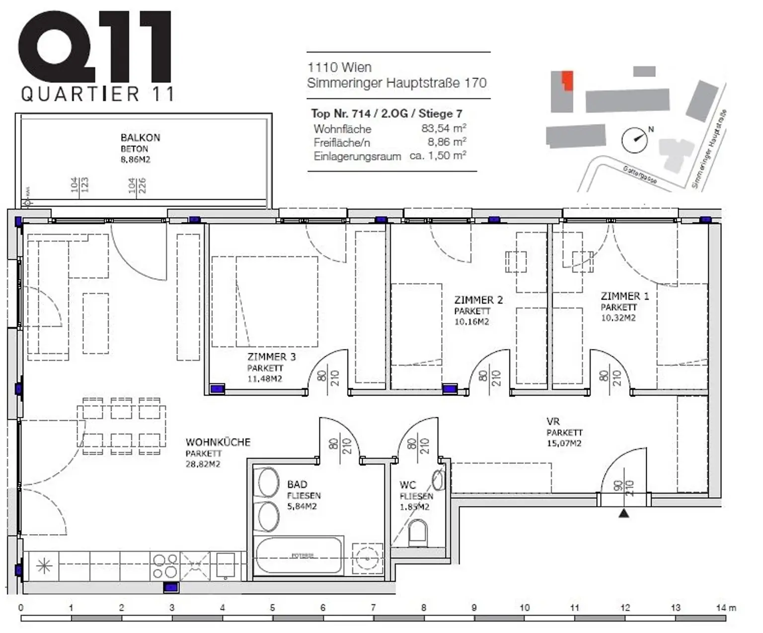 Q11 Leben in Simmering - 
Lichtdurchflutete Balkonwohnung mit 4 Zimmern und Deckenkühlung!