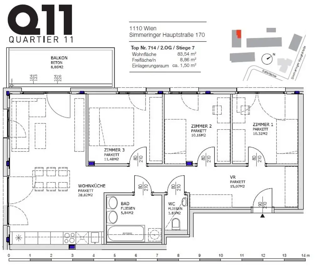 Q11 Leben in Simmering - 
Lichtdurchflutete Balkonwohnung mit 4 Zimmern und Deckenkühlung!