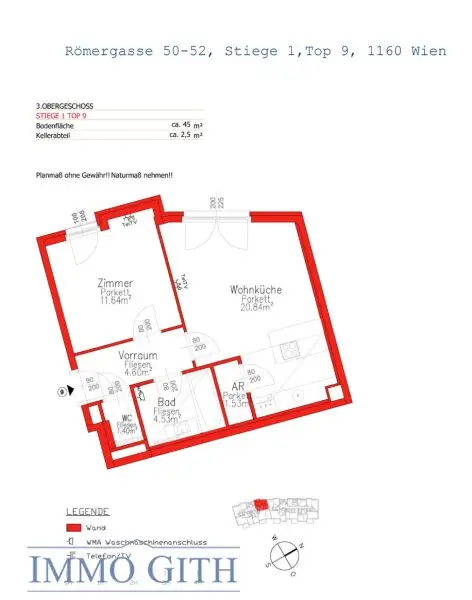 MODERNE & HELLE CA. 45 m² GROSSE 2-ZIMMER-WOHNUNG MIT LIFT, KELLERABTEIL IN DER RÖMERGASSE (1160 WIEN) ZU MIETEN!