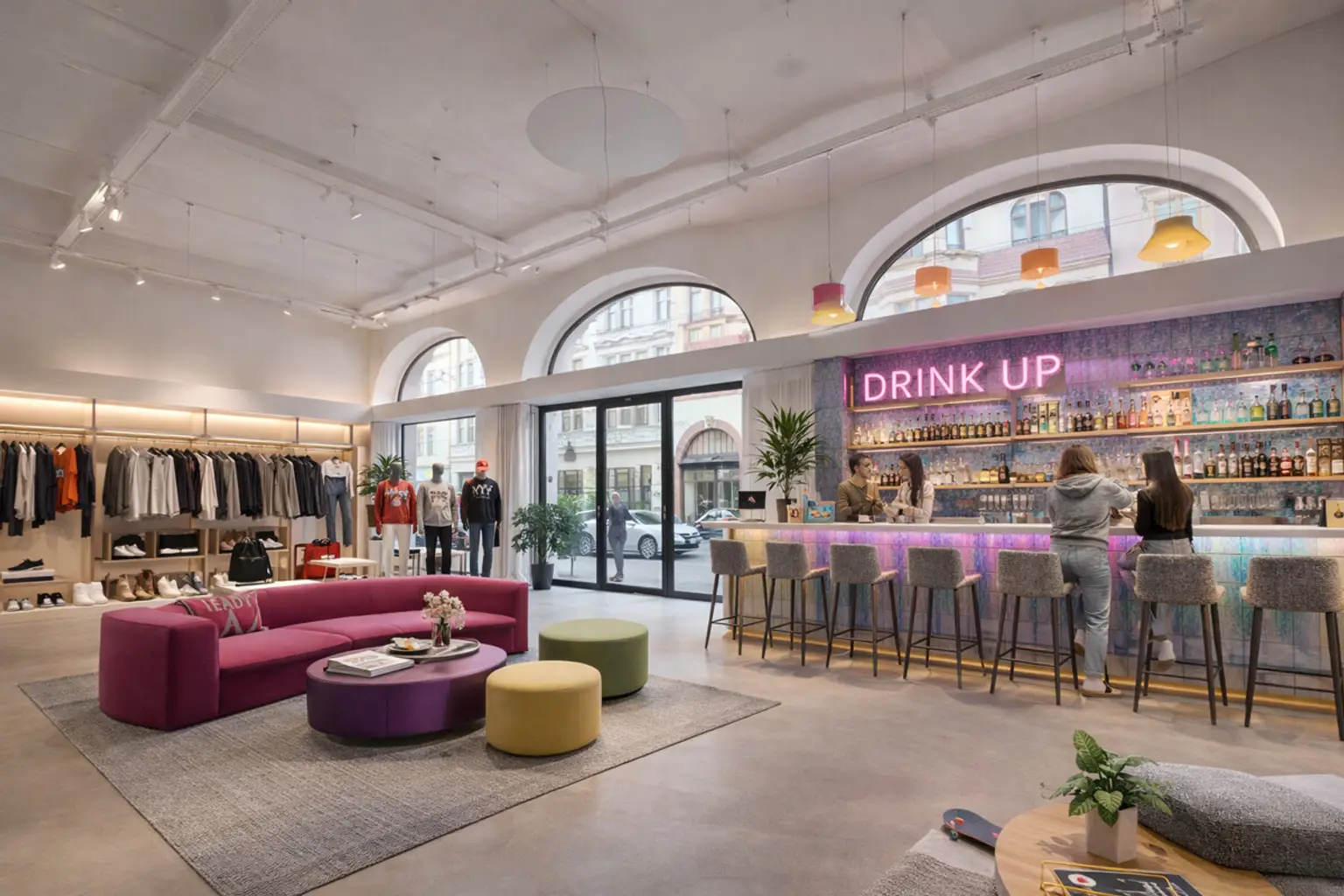 Moderne Boutique mit Barbereich und Streetwear