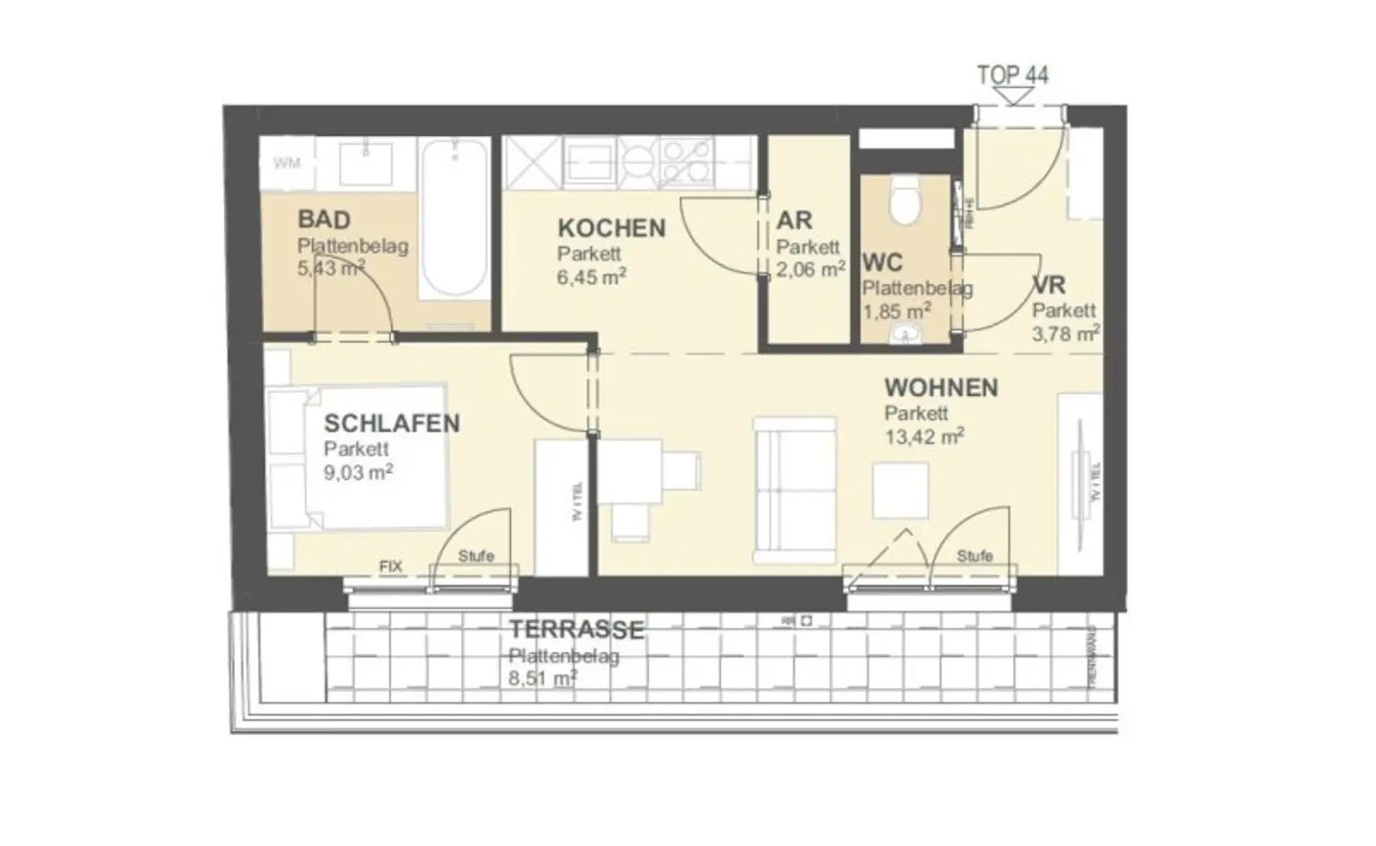 Exklusive 2-Zimmer-Dachgeschosswohnung mit Süd/West-Terrasse – Erstbezug in Toplage Nahe U1 Kagran, Donau Zentrum & Alter Donau