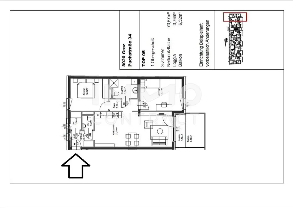 Erstbezug ab 01.10.2025: geförderte 3 Zimmer Wohnung mit Balkon in ruhiger und zentraler Lage - Puchstraße 34 - Top 05