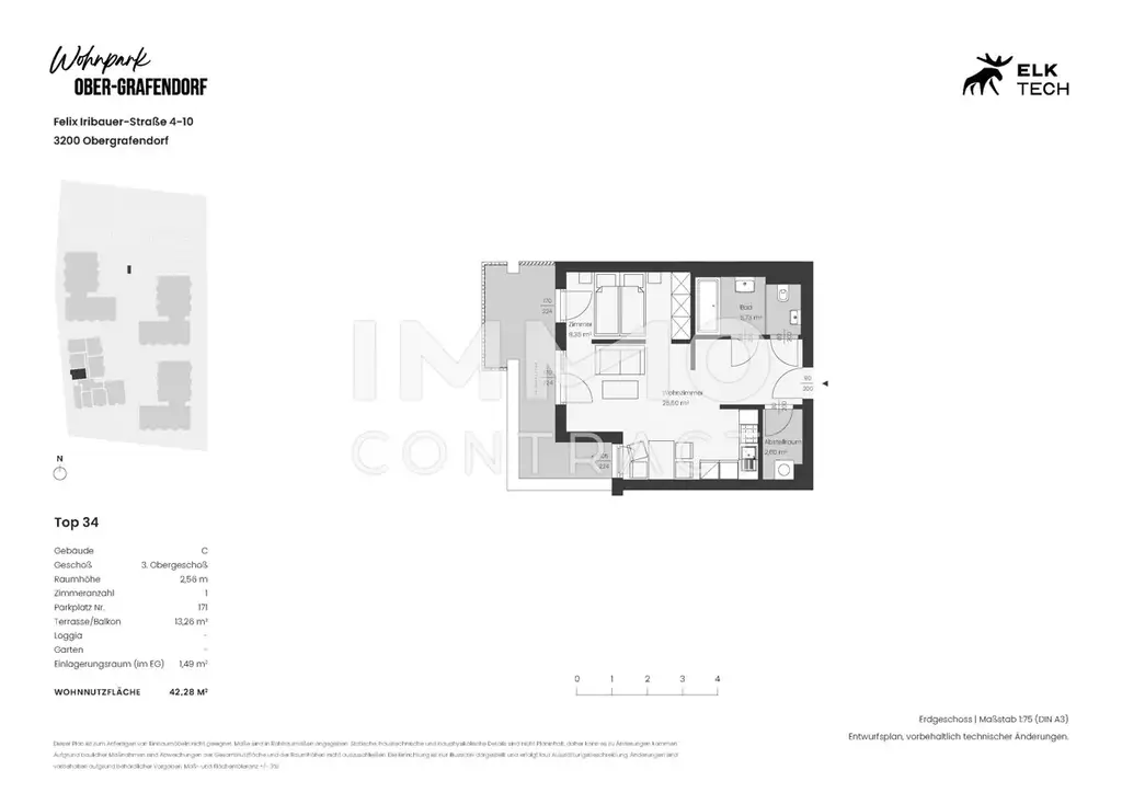 42,28qm 1Zi-W-Terrassenwohnung,
Erstbezug, ökologische Bauweise