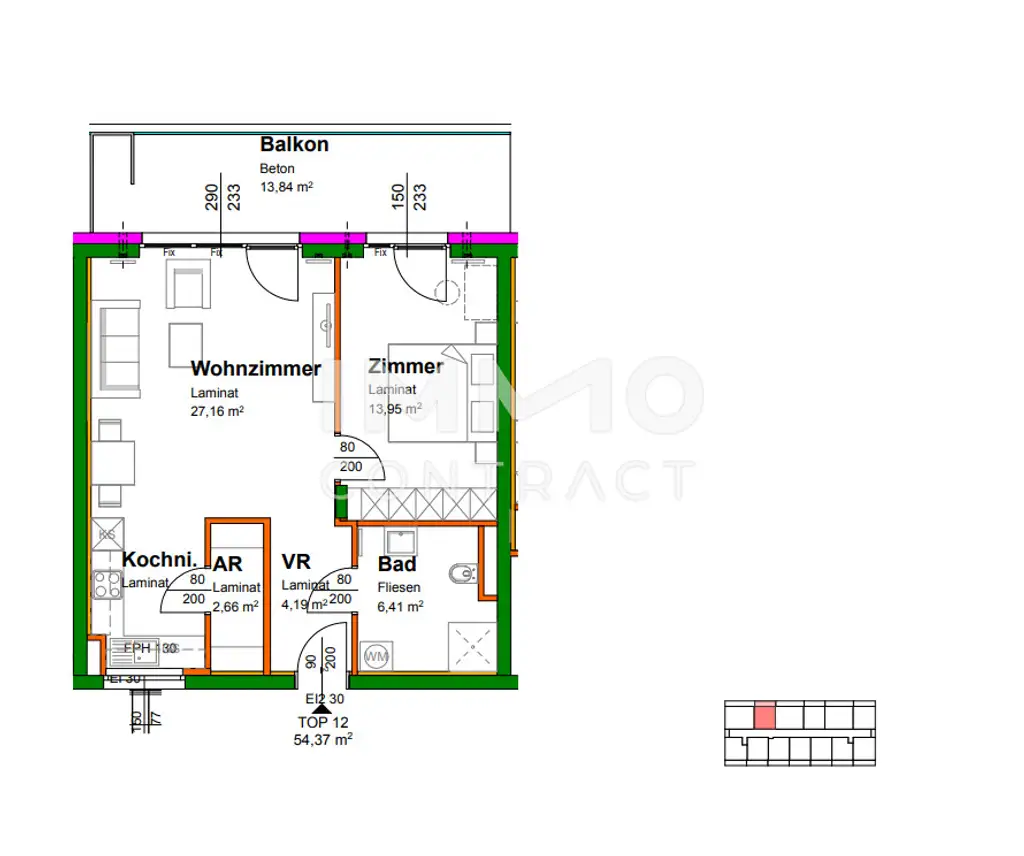 54,17qm geförderte 2ZI- Balkon-Wohnung