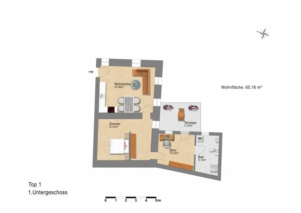 TOP W1: 2,5-Zimmer-Wohnung im Untergeschoss
