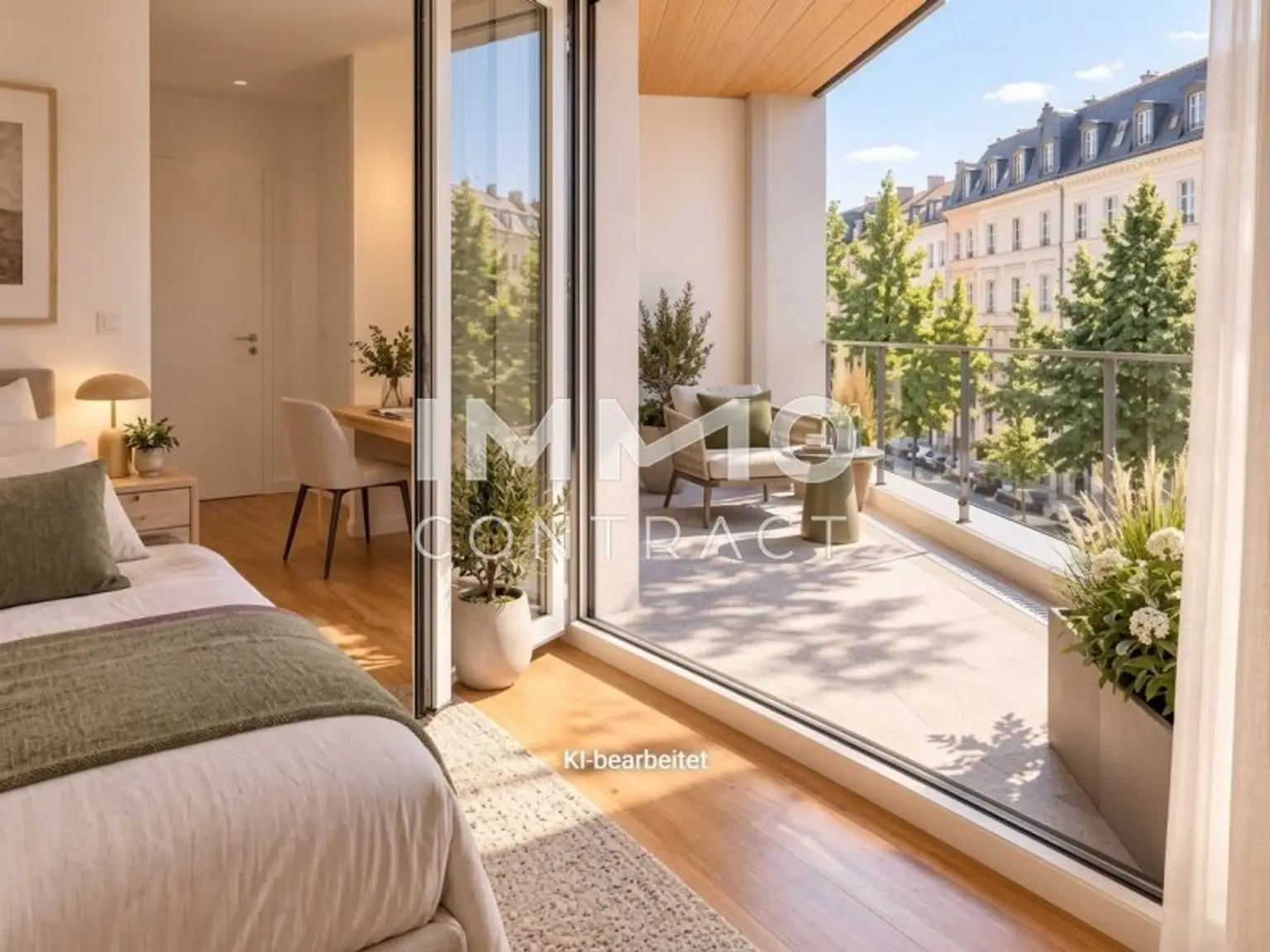 Arbeits- Schlafzimmer mit Zugang zur Loggia