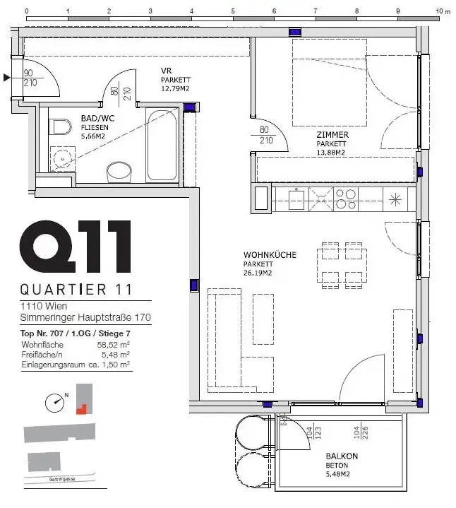 Q11 Leben in Simmering - 
Lichtdurchflutete Balkonwohnung mit 2 Zimmern und Deckenkühlung!