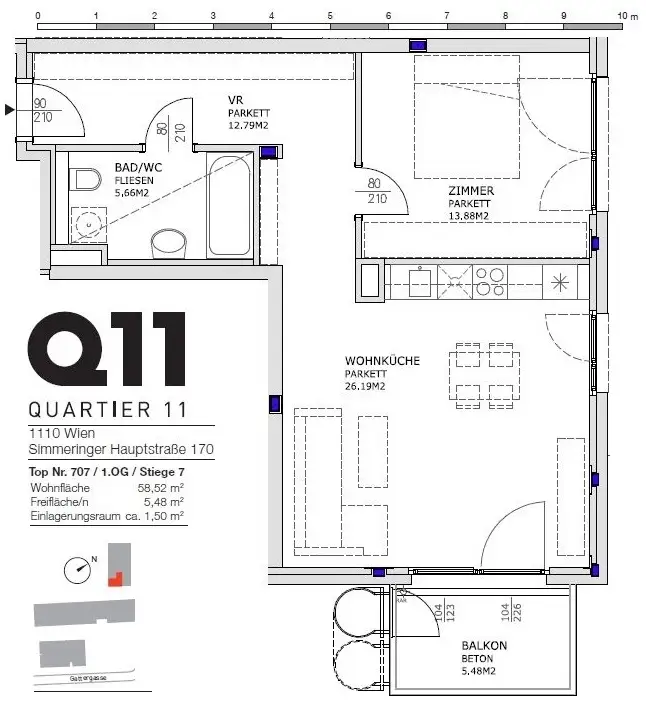Q11 Leben in Simmering - 
Lichtdurchflutete Balkonwohnung mit 2 Zimmern und Deckenkühlung!