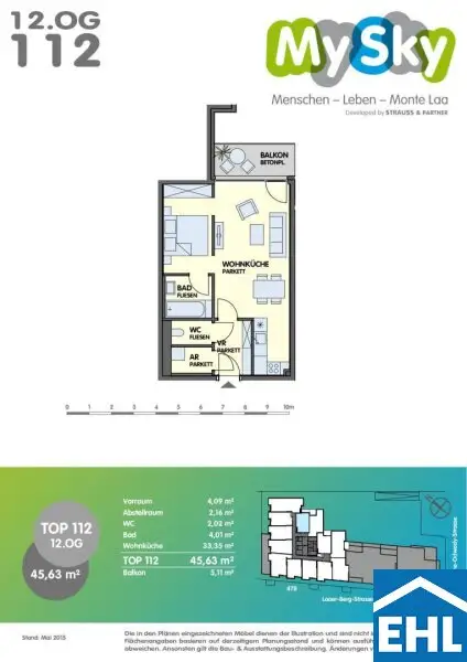 Traumhafte 2 Zimmerwohnung mit Balkon im 12. Stock im MySky-Tower