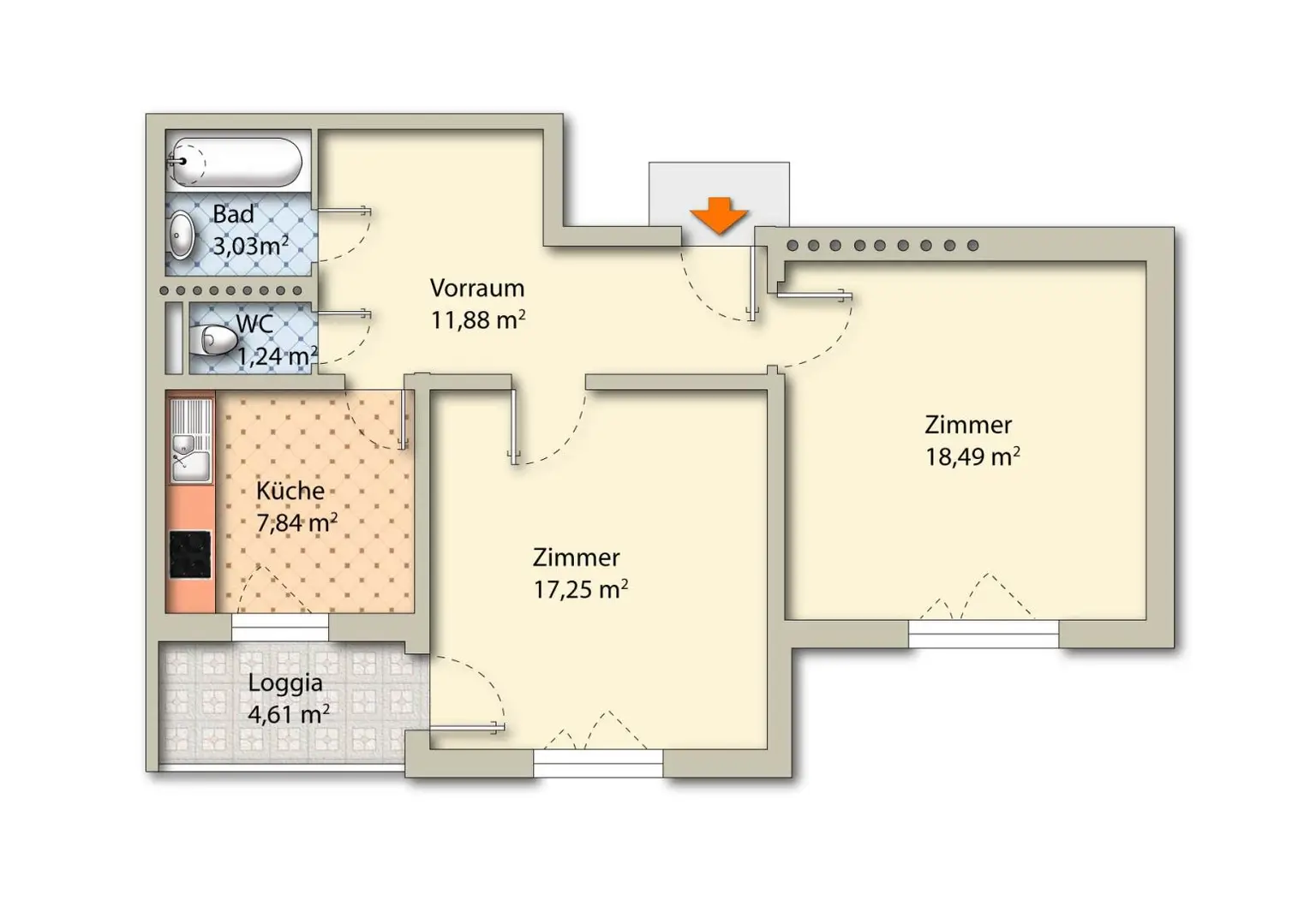 Helle 2-Zimmer Wohnung - 64m² mit Loggia in Wien 1200