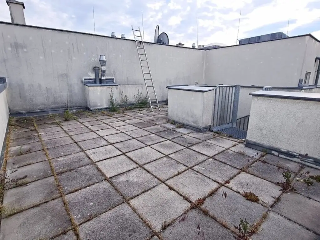 TERRASSENHIT, 61 m2 Dachgeschoß mit 48 m2 Terrasse, Wohnküche, 1 Zimmer, Wannenbad, Parketten, Fernblick, Holbeingasse