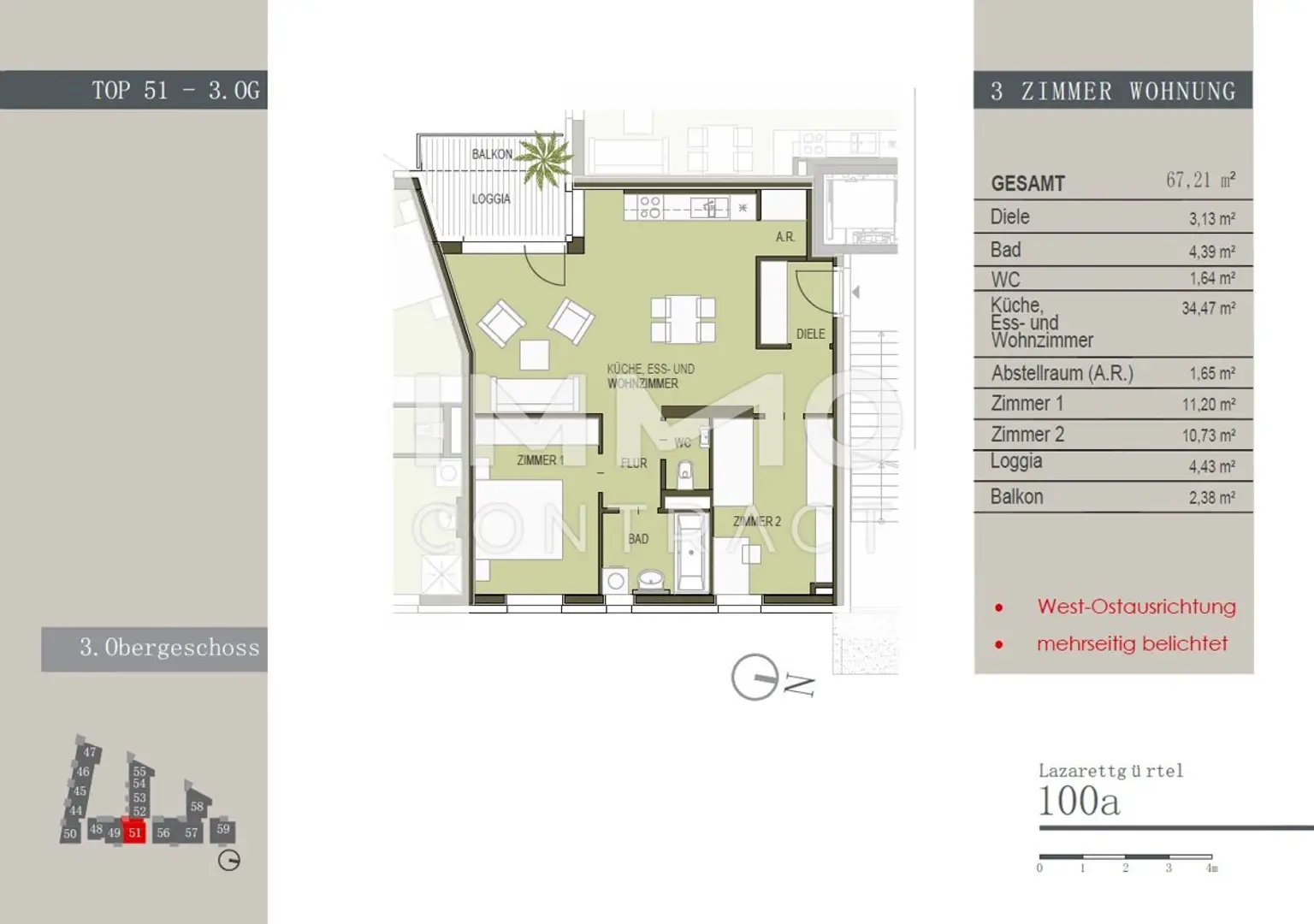 Zentrale, geförderte 3 Zimmer Wohnung mit Balkon und Loggia -Lazarettgürtel 100a - Top 51