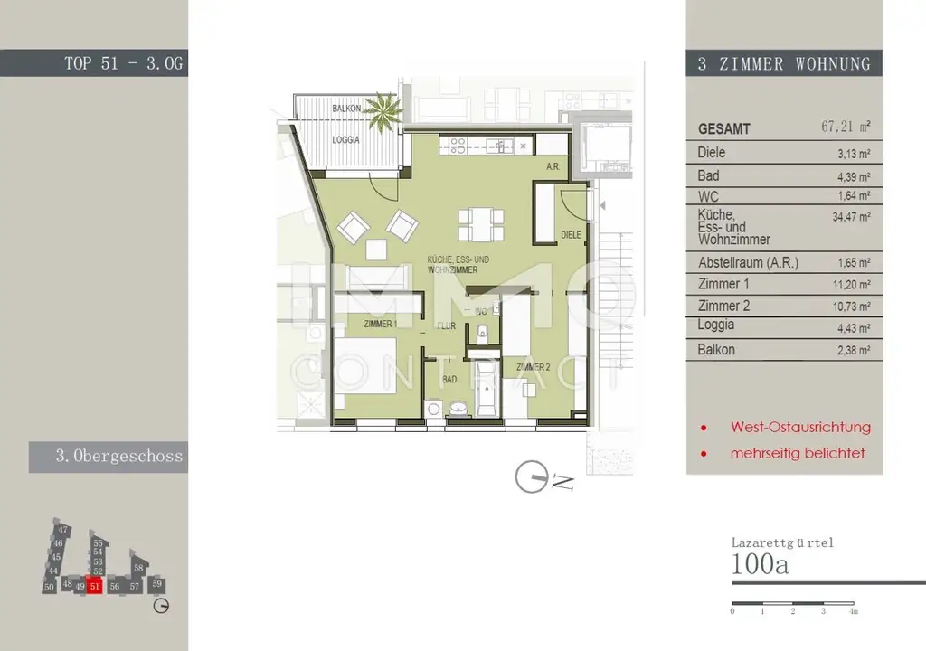 Zentrale, geförderte 3 Zimmer Wohnung mit Balkon und Loggia -Lazarettgürtel 100a - Top 51