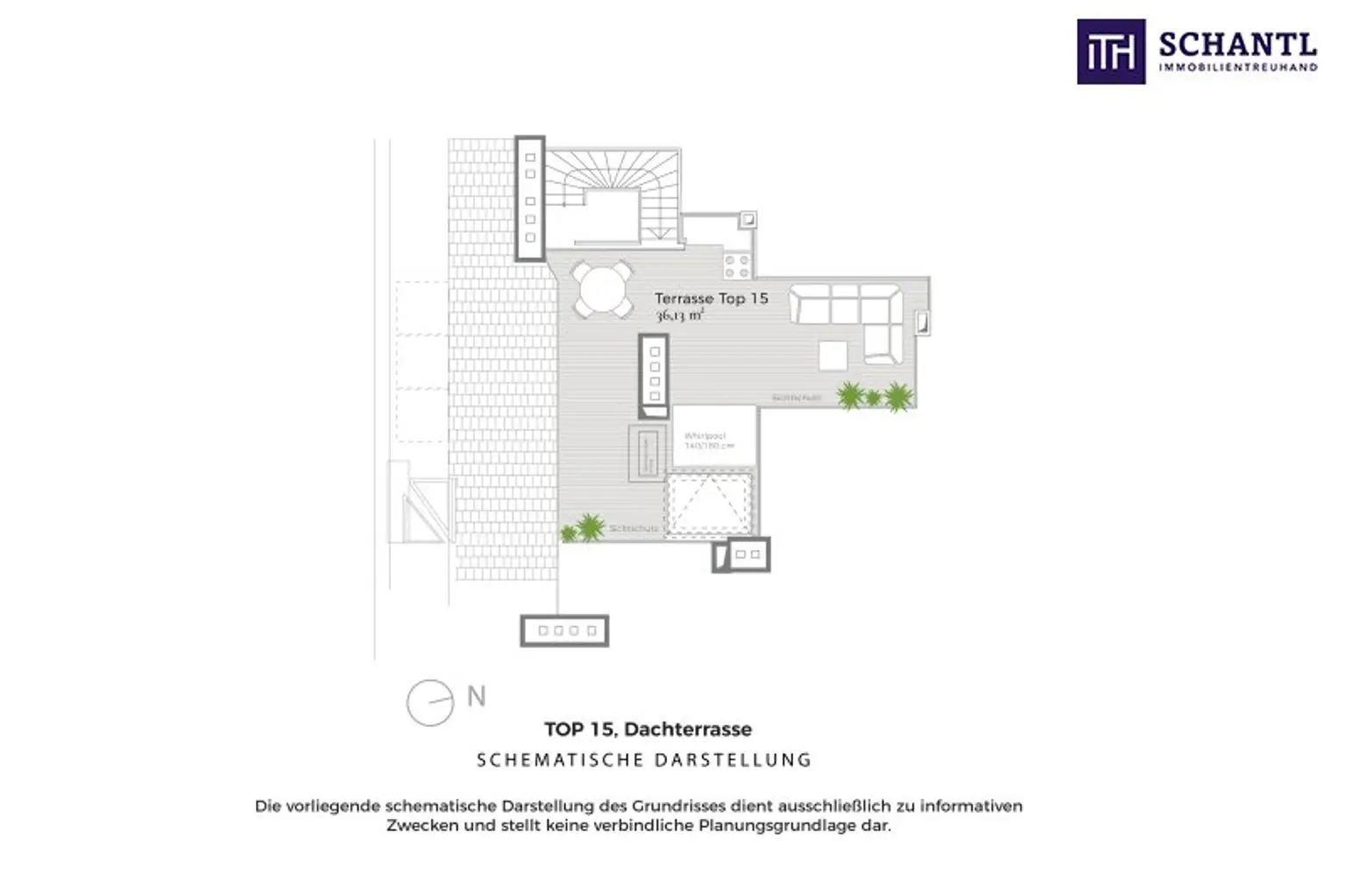 Grundriss Dachterrasse Top 15, schematische Darstellung