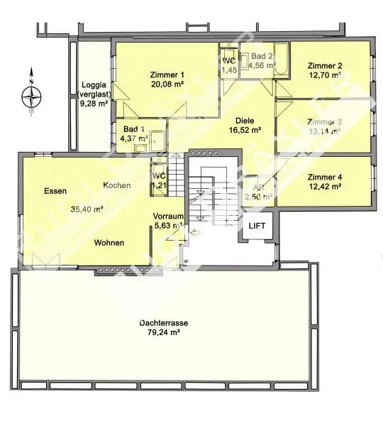 Penthouse-Wohnung | 131 m² Wfl. | 80 m² Dachterrasse mit 270°-Ausblick | PKW-Stellplatz | riesiger Gemeinschaftsgarten | im Zentrum
