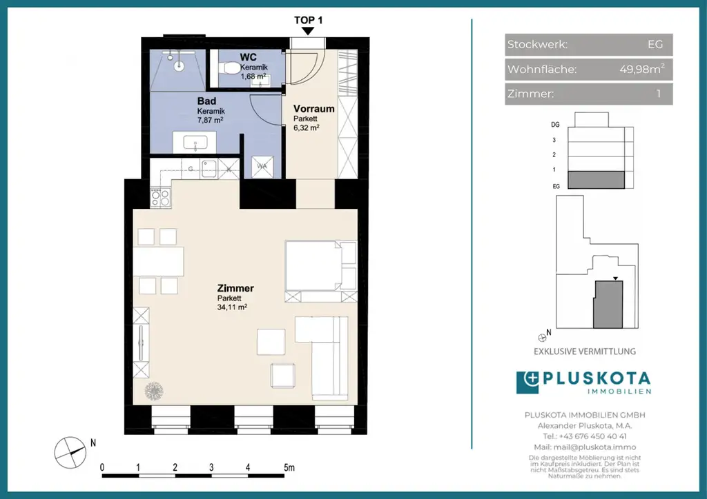 unbefristet vermietetes 1-Zimmer-Altbauatelier