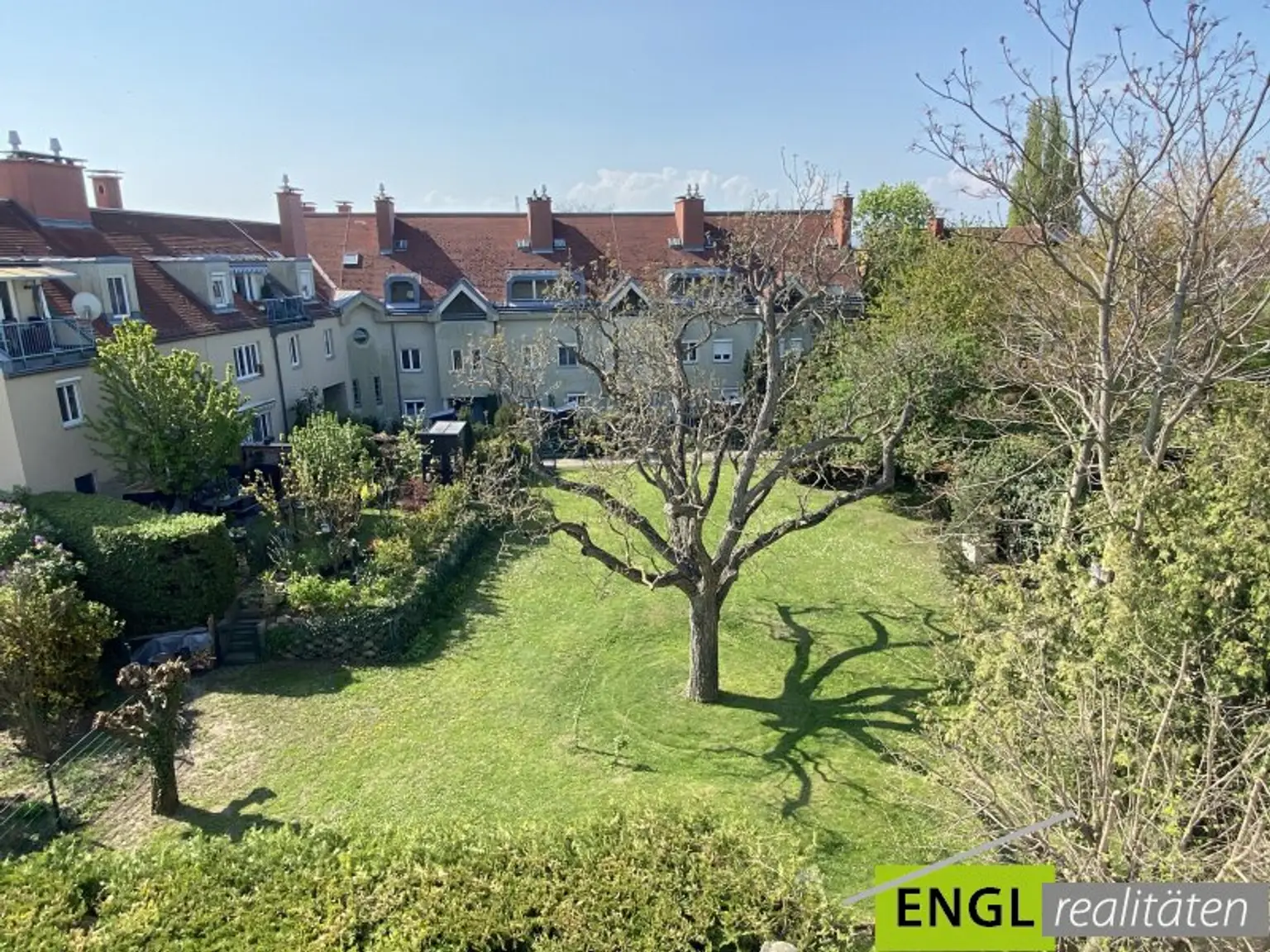 Blick vom Wohnzimmer in den Gemeinschaftsgarten