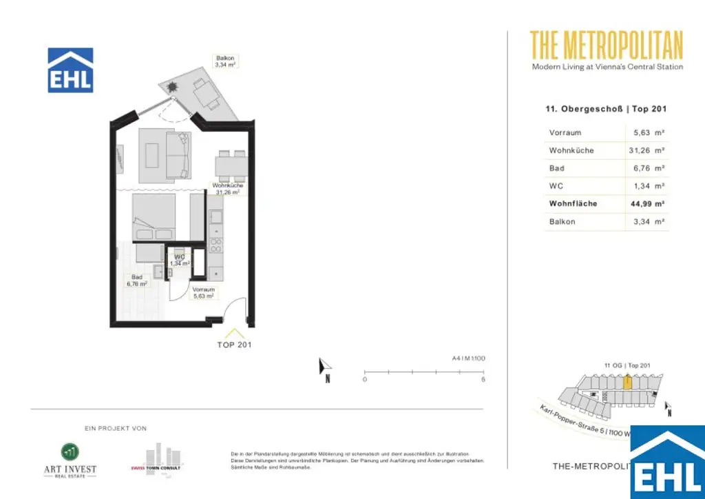 Sonnwendviertel: 1-Zimmer-Wohnung mit Balkon im 11. OG – Fitnessraum, Co-Working & Rooftop-Terrasse inklusive!