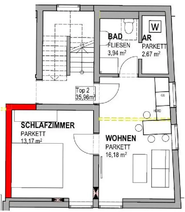 Eine charmante, kleine  Wohnung mit 35,96 m²  und dazu ein PKW-Stellplatz.