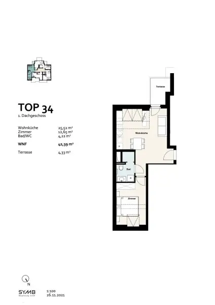 Miete: 2-Zimmer Dachgeschosswohnung auf einer Ebene mit Terrasse | 1100 Wien